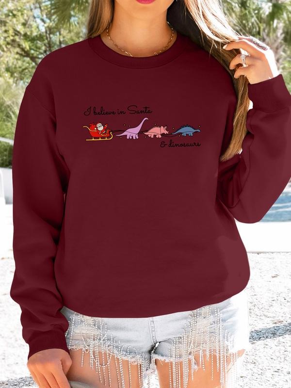 Women's Christmas Letter Print Long Sleeve Round Neck Pullover Sweatshirt, Casual Fitted H-Type Design, Available in 9...