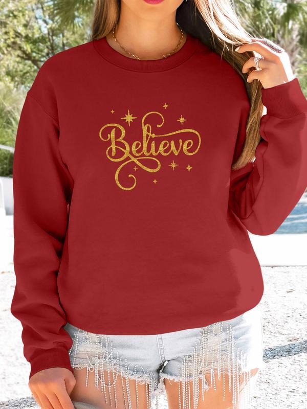 Women's Christmas Letter Print Long Sleeve Round Neck Pullover Sweatshirt, Casual Fitted H-Type Design, Available in 9...
