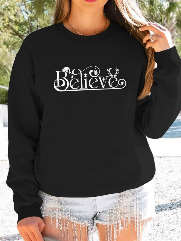 Women's Christmas Letter Print Long Sleeve Round Neck Pullover Sweatshirt, Casual Fitted H-Type Design, Available in 9...