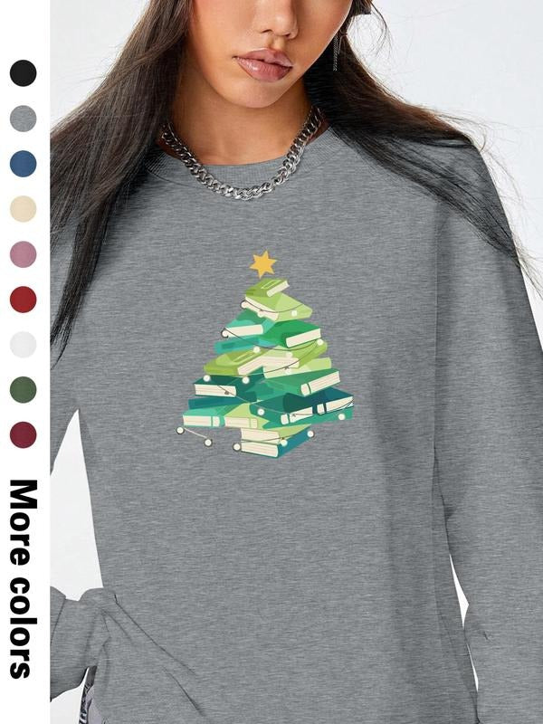 Women's Christmas Letter Print Long Sleeve Round Neck Pullover Sweatshirt, Casual Fitted H-Type Design, Available in 9...