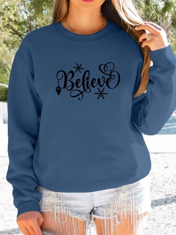 Women's Christmas Letter Print Long Sleeve Round Neck Pullover Sweatshirt, Casual Fitted H-Type Design, Available in 9...
