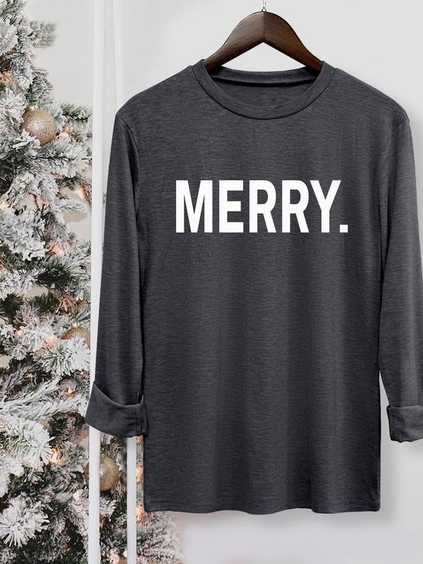 Women's Christmas Letter Print Round Neck Tee, Casual Long Sleeve Crew Neck T-shirt for Fall & Winter, Women's Top for...