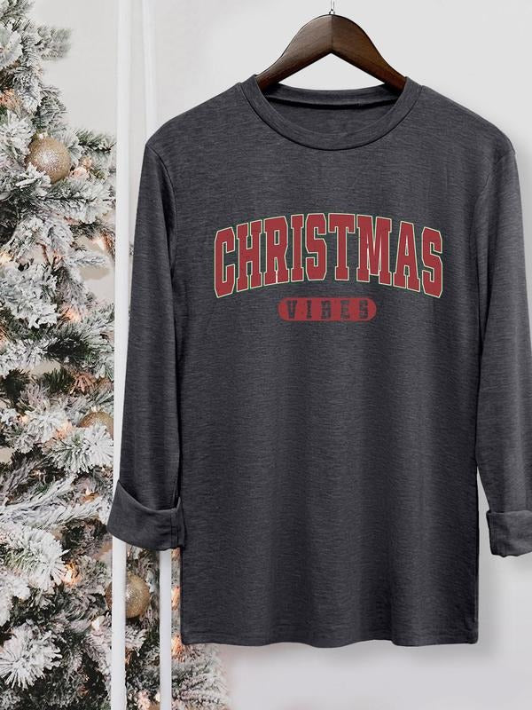 Women's Christmas Letter Print Round Neck Tee, Casual Long Sleeve Crew Neck T-shirt for Fall & Winter, Women's Top for...