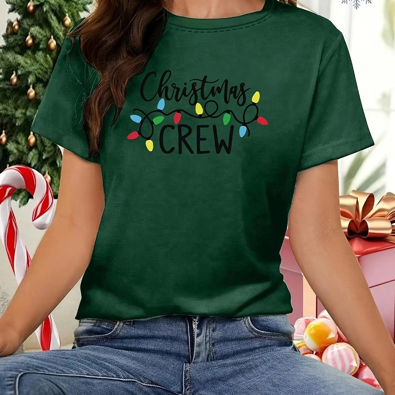 Women's Christmas Letter Print Round Neck Tee, Casual Short Sleeve Crew Neck T-Shirt for All Seasons, Fashion Women's Top...
