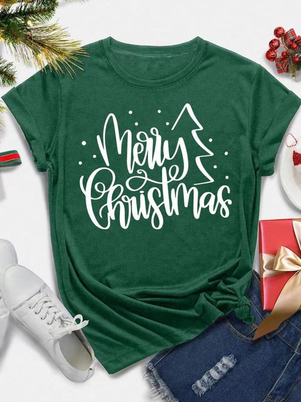 Women's Christmas Letter Print Round Neck Tee, Casual Short Sleeve Crew Neck T-Shirt for All Seasons, Fashion Women's Top...