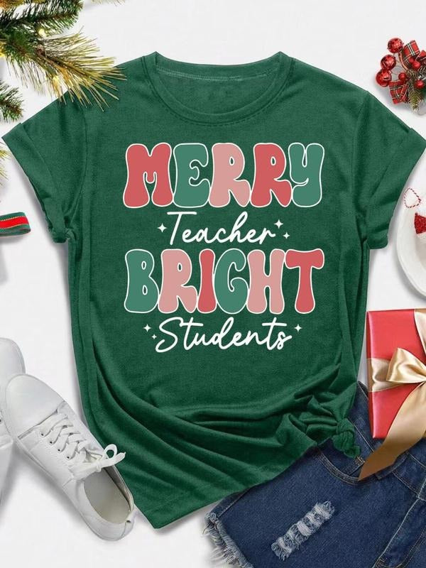 Women's Christmas Letter Print Round Neck Tee, Casual Short Sleeve Crew Neck T-Shirt for Daily Holiday Vacation Outdoor...