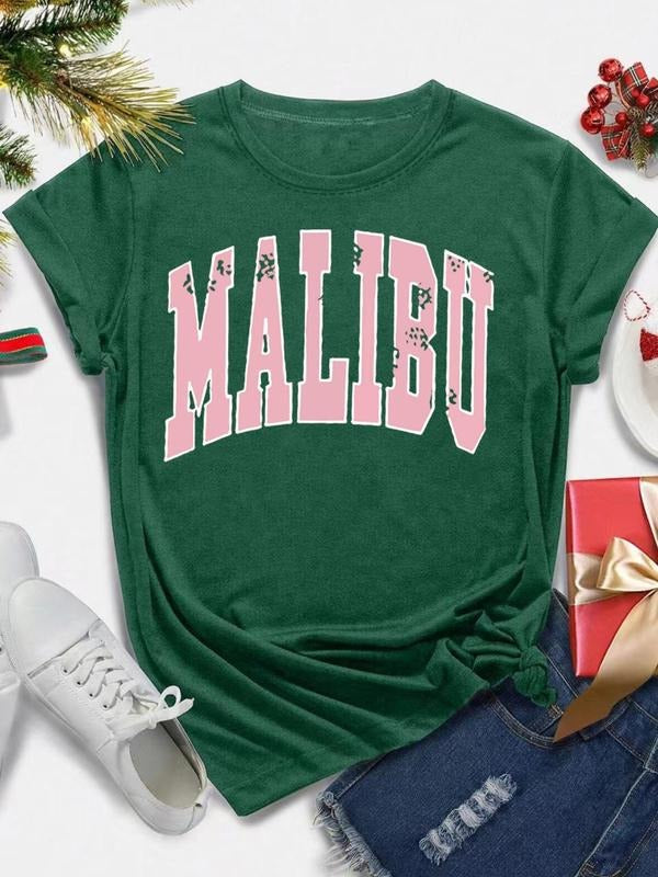 Women's Christmas Letter Print Round Neck Tee, Casual Short Sleeve Crew Neck T-shirt for All Seasons, Fashion Women's Top...