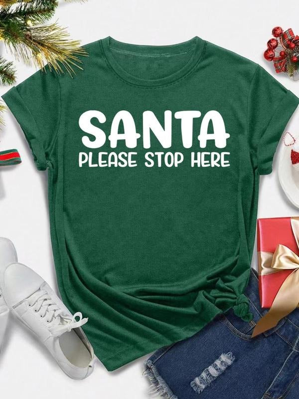 Women's Christmas Letter Print Round Neck Tee, Casual Short Sleeve Crew Neck T-shirt for All Seasons, Fashion Women's Top...