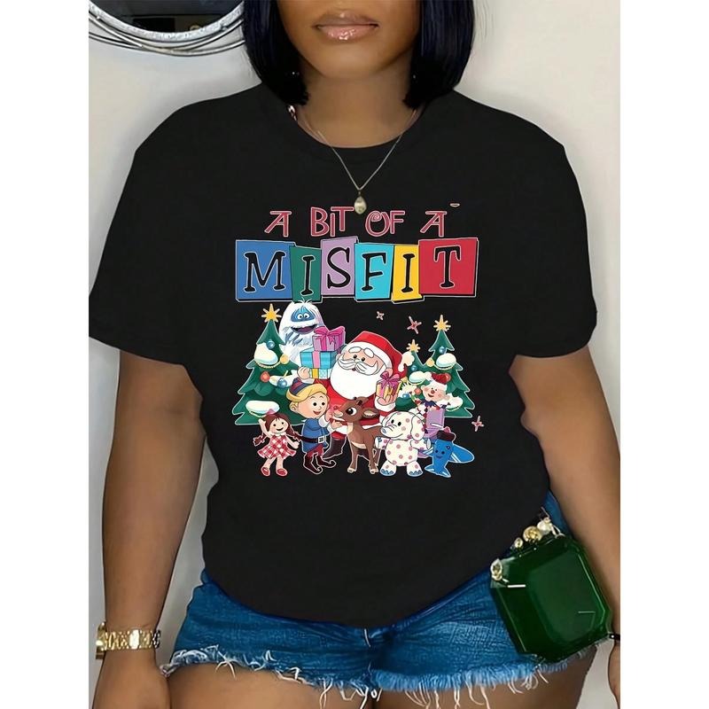Women's Christmas MISFIT Graphic T-Shirt - Santa & Reindeer Print Short Sleeve Crewneck Top,Machine Washable Casual...
