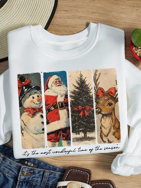 Women's Christmas Party Essential, Simple Santa Reindeer Print Pullover Sweatshirt, Casual Round Neck Fitted Design,...
