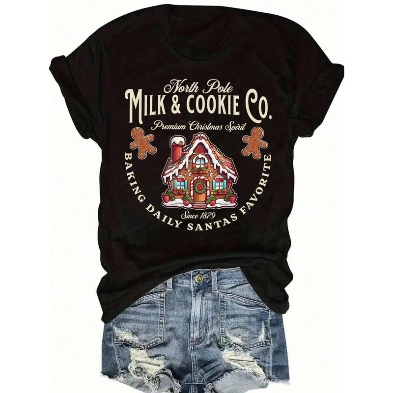 Women's Christmas Pattern T-Shirt - Arctic Milk And Biscuit Company Retro Holiday Pattern, With Gingerbread House And...
