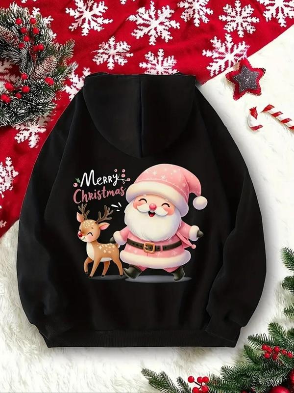 Women's Christmas Print Drop Shoulder Drawstring Hoodie, Fashion Casual Pocket Hooded Sweatshirt for Daily Holiday...