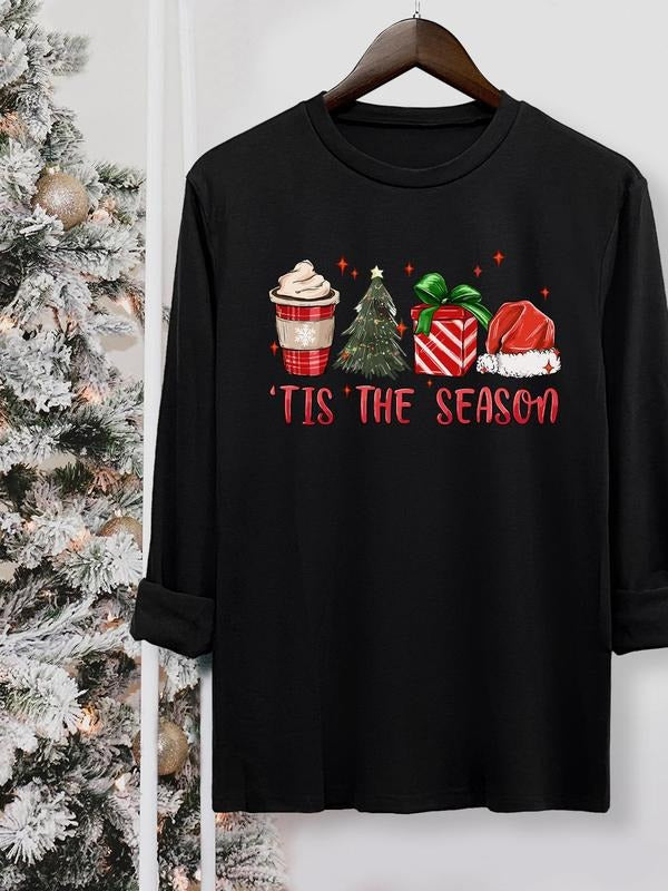 Women's Christmas Print Round Neck Tee, Casual Long Sleeve Crew Neck T-shirt for Fall & Winter, Women's Top for Daily...