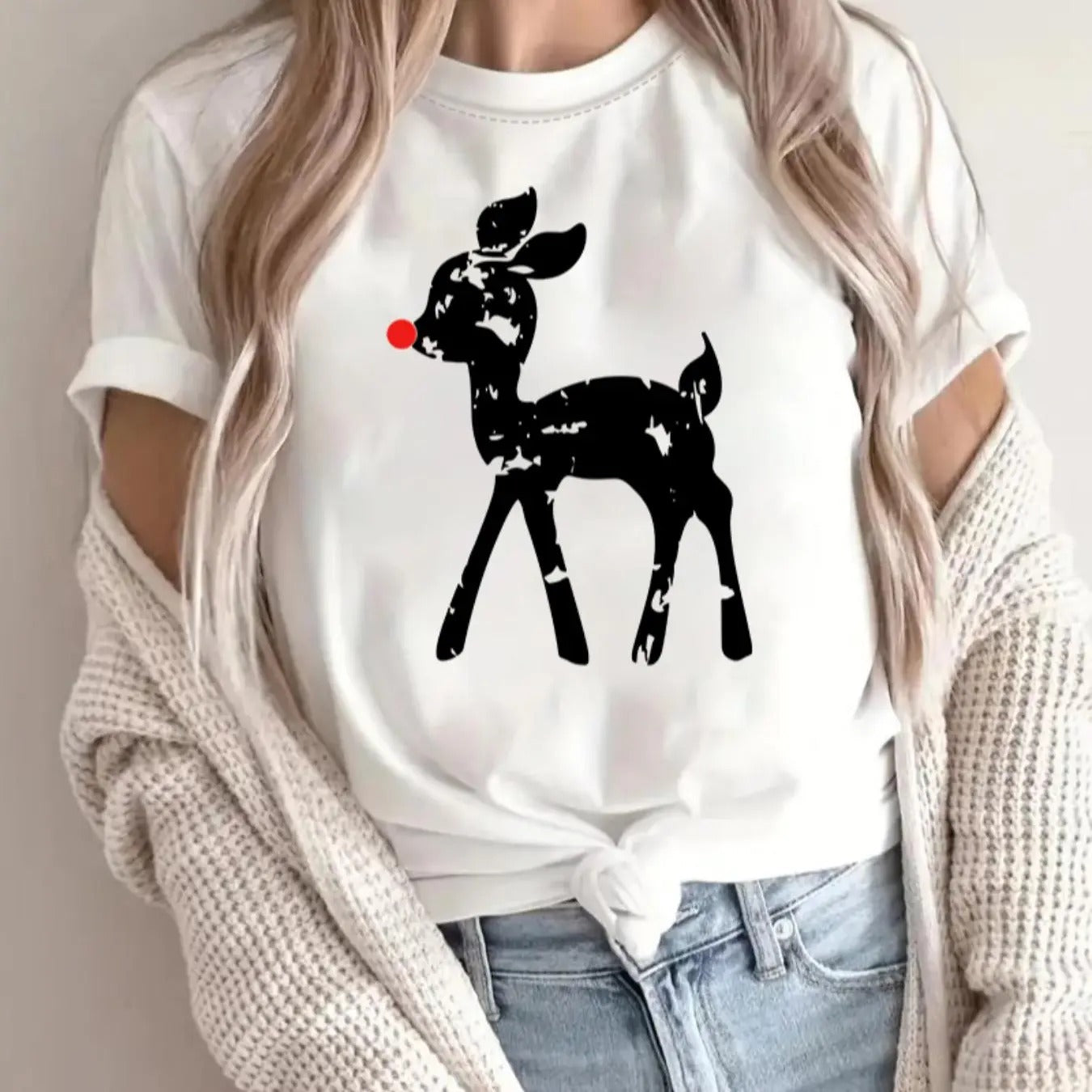 Women's Christmas Reindeer Print Round Neck Tee, Casual Short Sleeve Crew Neck T-shirt for Daily Holiday Vacation Outdoor...