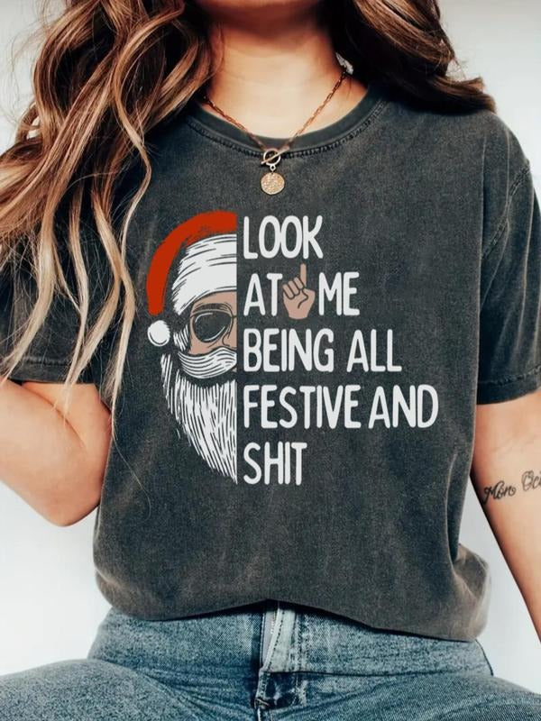 Women's Christmas Santa Claus & Letter Print Drop Shoulder Tee, Casual Short Sleeve Round Neck T-shirt for All Seasons,...