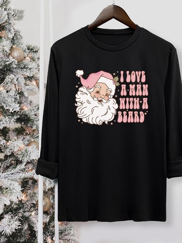 Women's Christmas Santa Claus Letter Print Round Neck Tee, Casual Long Sleeve Crew Neck T-shirt for Fall & Winter,...