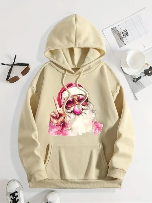 Women's Christmas Santa Claus Print Drawstring Pocket Hoodie, Casual Long Sleeve Hooded Sweatshirt for Daily Holiday...