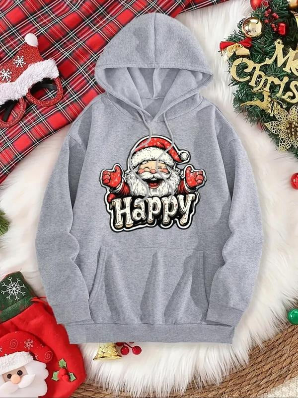Women's Christmas Santa Claus Print Drop Shoulder Hoodie, Fashion Casual Drawstring Pocket Hooded Sweatshirt for Daily...
