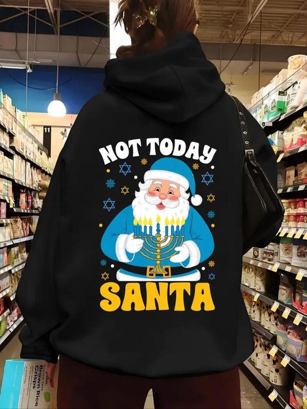 Women's Christmas Santa Claus Print Drop Shoulder Hoodie, Fashion Casual Letter Print Drawstring Pocket Hooded Sweatshirt...