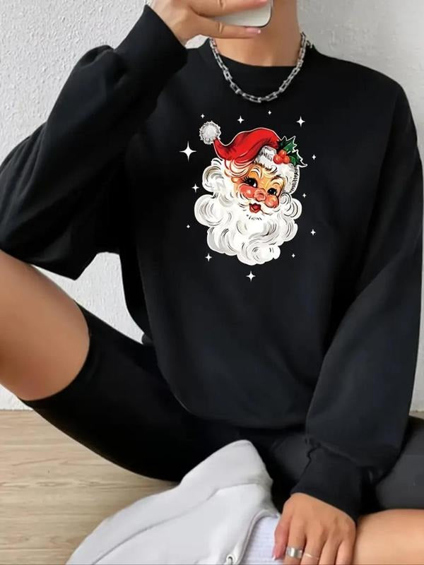 Women's Christmas Santa Claus Print Drop Shoulder Pullover, Casual Long Sleeve Crew Neck Sweatshirt for Fall & Winter,...
