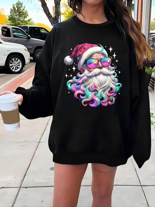 Women's Christmas Santa Claus Print Drop Shoulder Sweatshirt, Casual Long Sleeve Round Neck Pullover for Fall & Winter,...