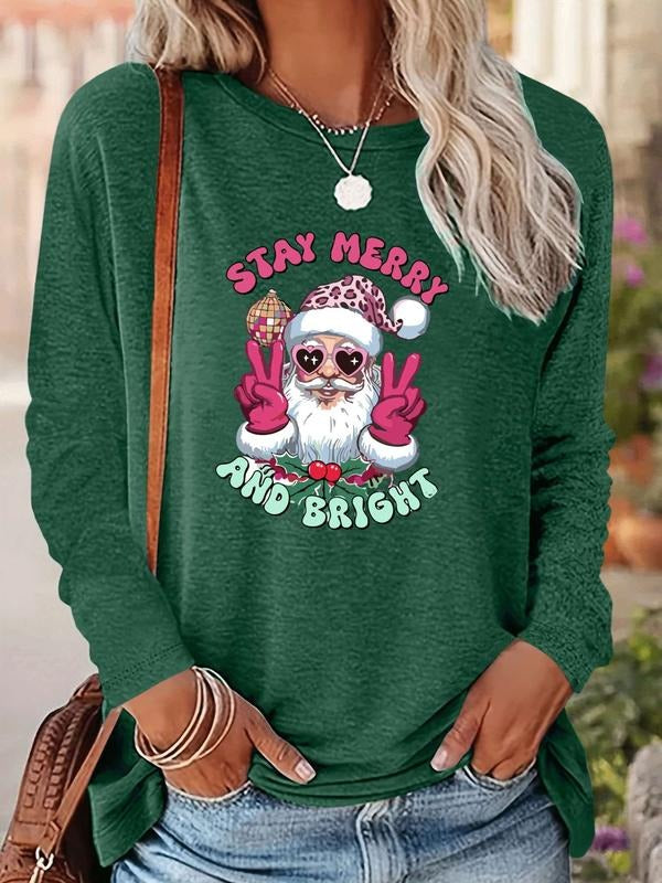Women's Christmas Santa Claus Print Long Sleeve Casual Fitted T-Shirt, Casual Fashionable Top, Comfortable Fabric,...