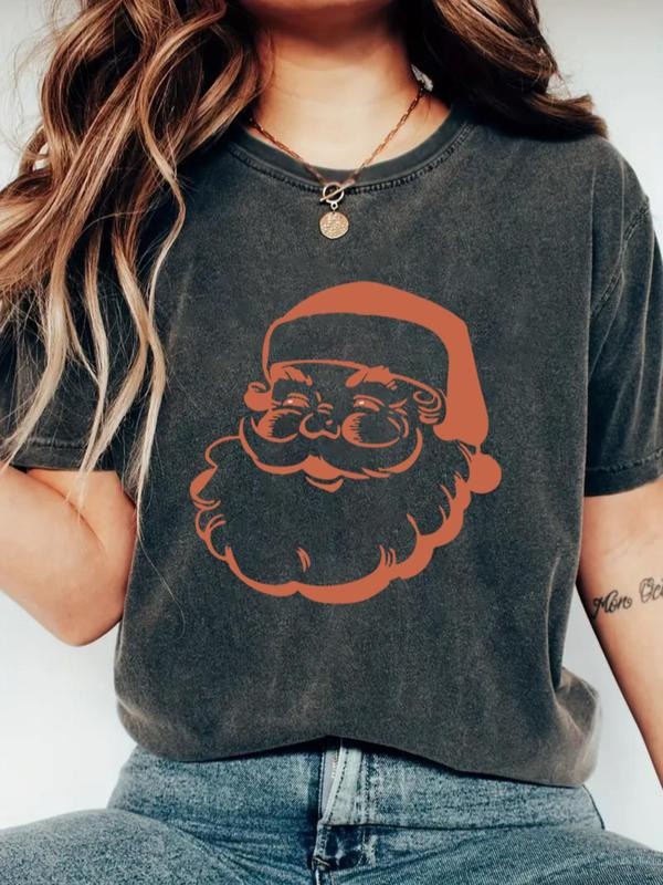 Women's Christmas Santa Claus Print Round Neck Tee, Casual Graphic Short Sleeve T-shirt for Daily Wear, Ladies Clothes...