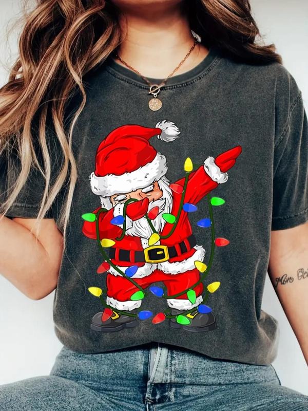 Women's Christmas Santa Claus Print Round Neck Tee, Casual Short Sleeve Crew Neck T-shirt for Daily Holiday Vacation...