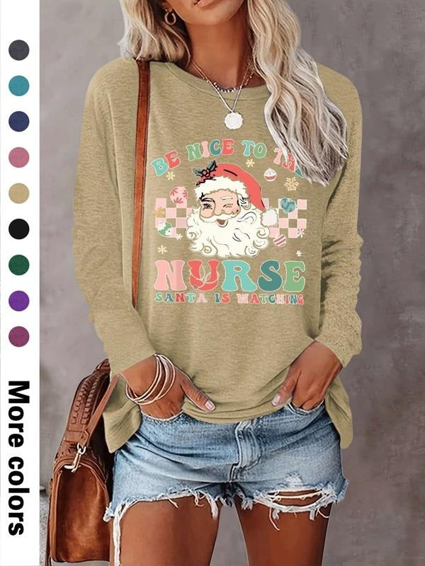 Women's Christmas Santa Letter Print Long Sleeve Casual Fitted T-Shirt, Comfortable Fabric, 9 Colors Available, All...