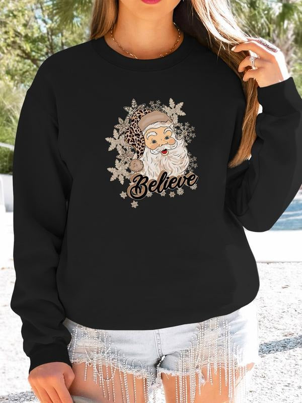 Women's Christmas Santa Snowflake Print Long Sleeve Round Neck Pullover Sweatshirt, Casual Fitted Style, Spring & Fall...