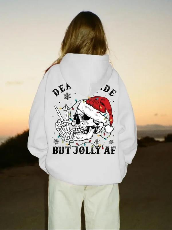 Women's Christmas Skeleton Hand & Letter Print Drop Shoulder Hoodie, Fashion Casual Drawstring Pocket Hooded Sweatshirt...