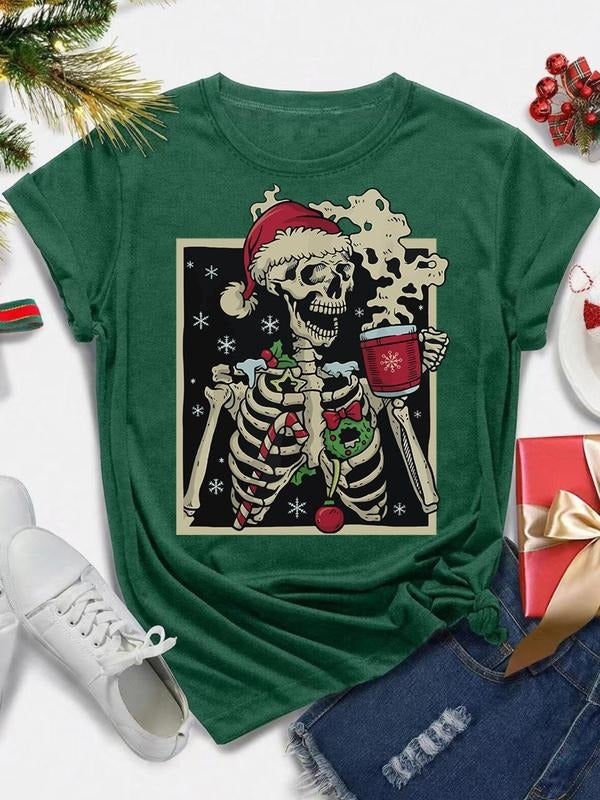 Women's Christmas Skeleton Print Round Neck Tee, Casual Short Sleeve Crew Neck T-shirt for All Seasons, Fashion Women's...