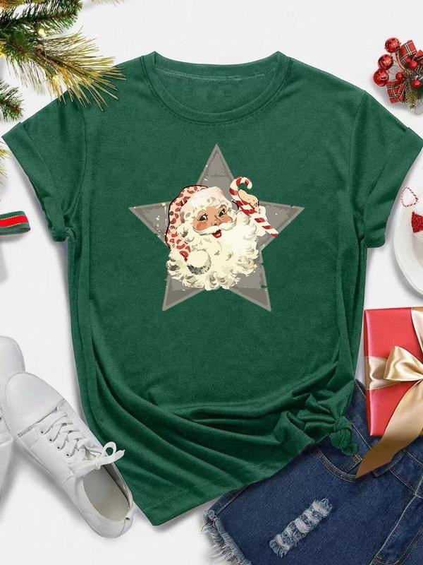 Women's Christmas Star & Santa Claus Print Round Neck Tee, Casual Short Sleeve Crew Neck T-Shirt for Summer, Fashion...