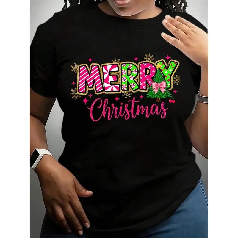 Women's Christmas T-Shirt - Holiday Christmas-Printed Short Sleeve Top, Crew Neck Casual Holiday T-Shirt, 100% Cotton,...