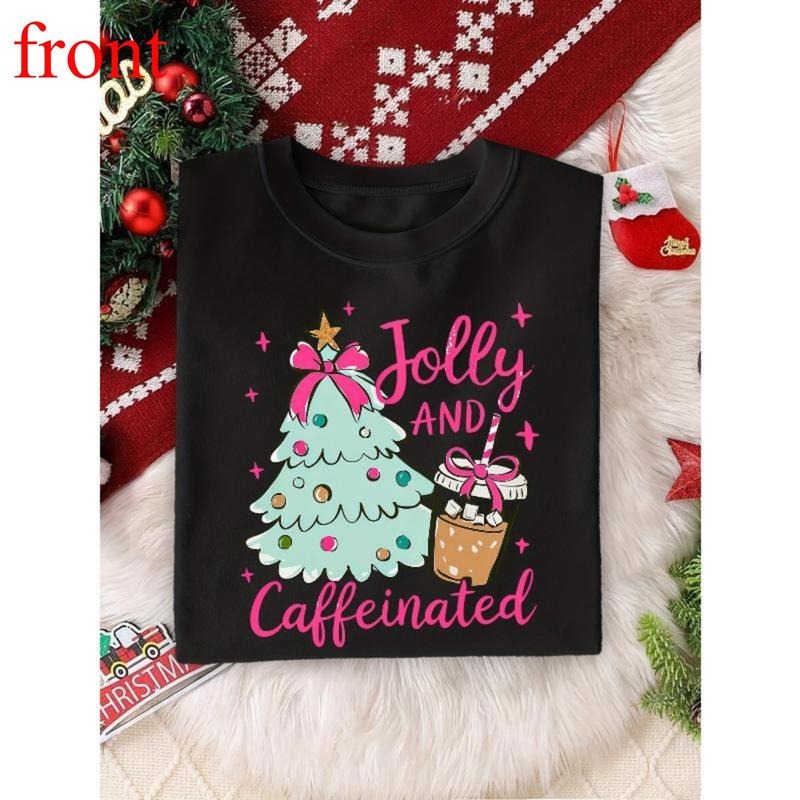 Women's Christmas T-Shirt Jolly & Caffeinated Slogan with Coffee Cup & Tree Print & Turquoise Holiday Coffee Lover Top,...