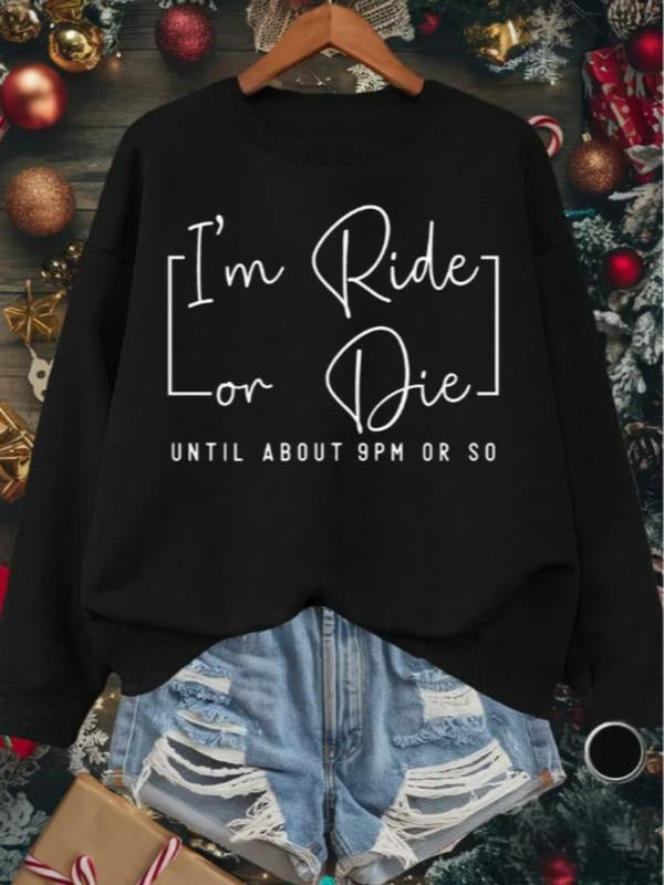 Women's Christmas Theme Letter Print Sweatshirt, Casual Polyester Pullover, Round Neck, Long Sleeve, Holiday Design, Knit...