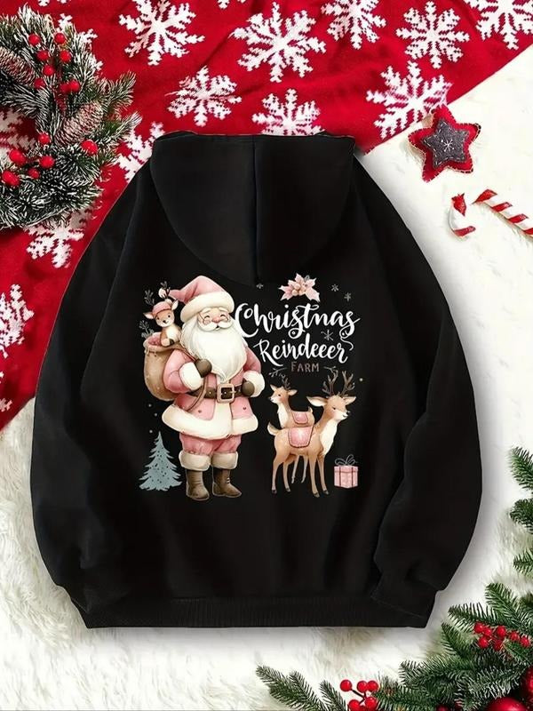 Women's Christmas Theme Print Drop Shoulder Drawstring Hoodie, Casual Long Sleeve Kangaroo Pocket Thermal Lined Hooded...