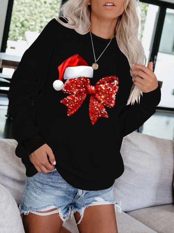 Women's Christmas Theme Sweatshirt with Sequin Bow Print, Casual Polyester Pullover, Round Neck, Long Sleeve, Holiday...