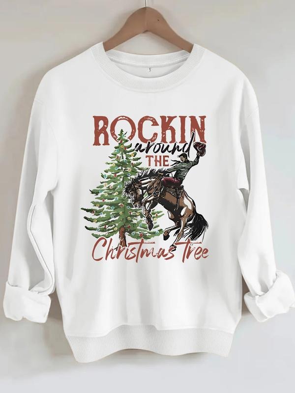Women's Christmas Theme Sweatshirt, Casual Polyester Pullover, Round Neck, Long Sleeve, Holiday Design, Knit Fabric,...