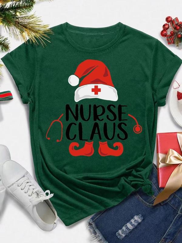 Women's Christmas Themed "Nurse Claus" Print Round Neck Tee, Casual Short Sleeve Crew Neck T-Shirt for Daily Holiday...