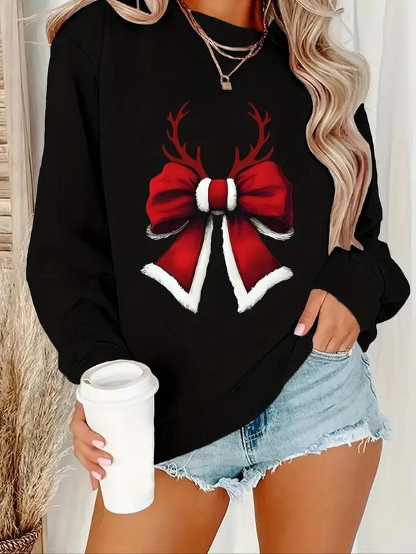 Women's Christmas Themed Bow Print Pullover Sweatshirt, Casual Long Sleeve Crew Neck Sweatshirt for Fall & Winter,...
