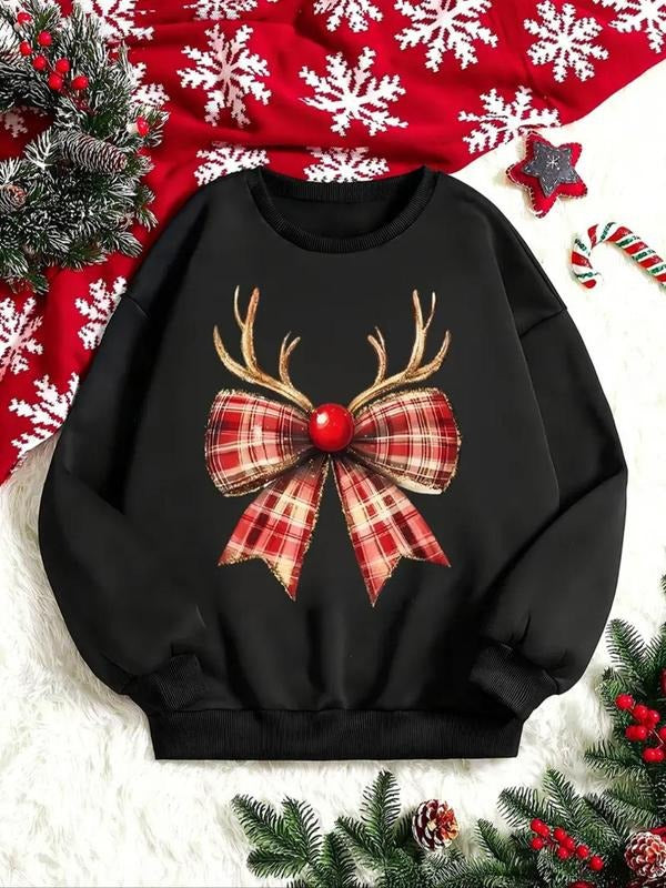 Women's Christmas Themed Bowknot Print Drop Shoulder Sweatshirt, Casual Long Sleeve Round Neck Pullover for Fall &...