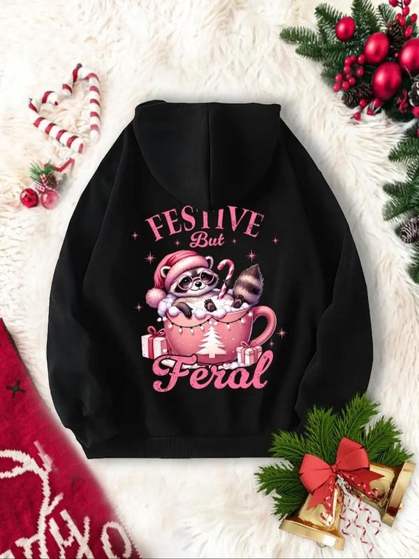 Women's Christmas Themed Cartoon Animal Print Drop Shoulder Hoodie, Casual Drawstring Pocket Hooded Sweatshirt for Daily...