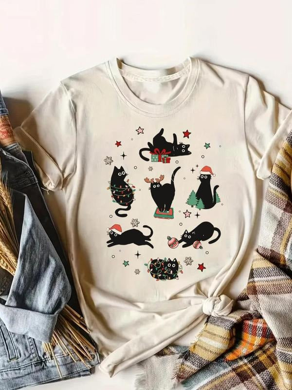 Women's Christmas Themed Cartoon Cat Print Round Neck Tee, Casual Star & Gift Box Print Short Sleeve T-Shirt for Daily...