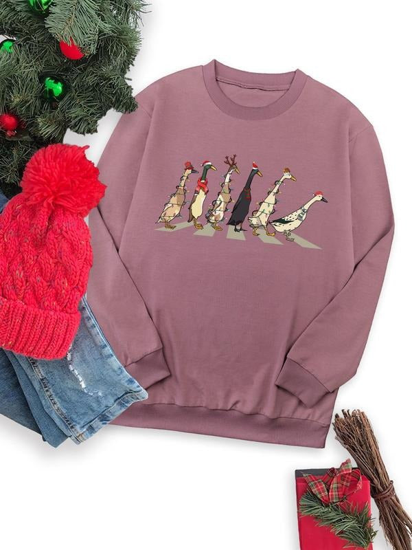 Women's Christmas Themed Cartoon Goose Print Drop Shoulder Sweatshirt, Casual Long Sleeve Round Neck Pullover for Daily...