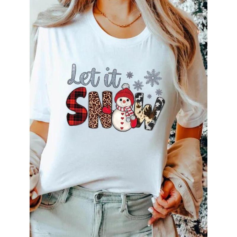 Women's Christmas Themed Cartoon Snowman Print Round Neck Tee, Casual Short Sleeve Crew Neck T-Shirt for Fall & Winter,...