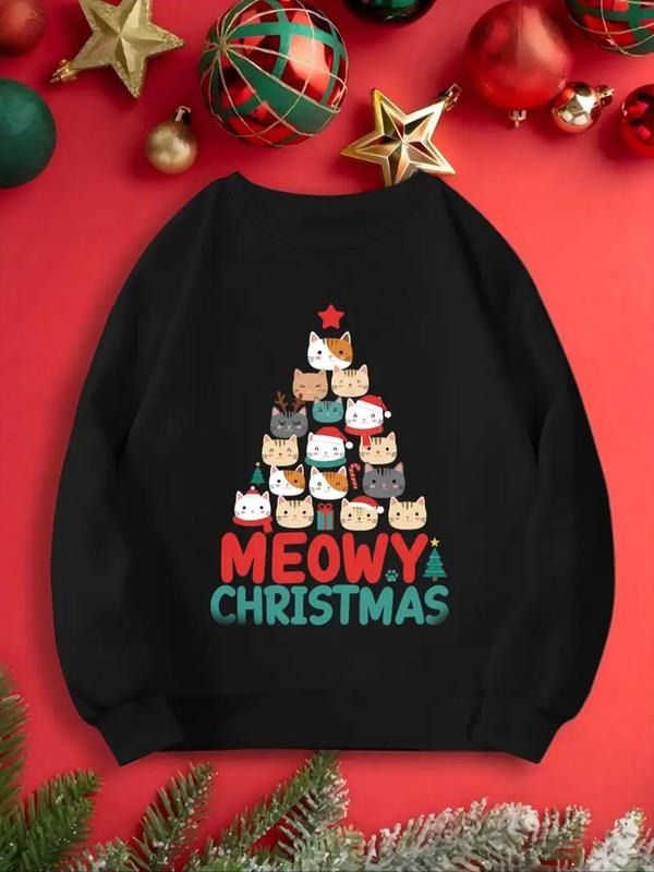 Women's Christmas Themed Cat & Letter Print Crew Neck Sweatshirt, Casual Long Sleeve Pullover for Fall & Winter, Women's...