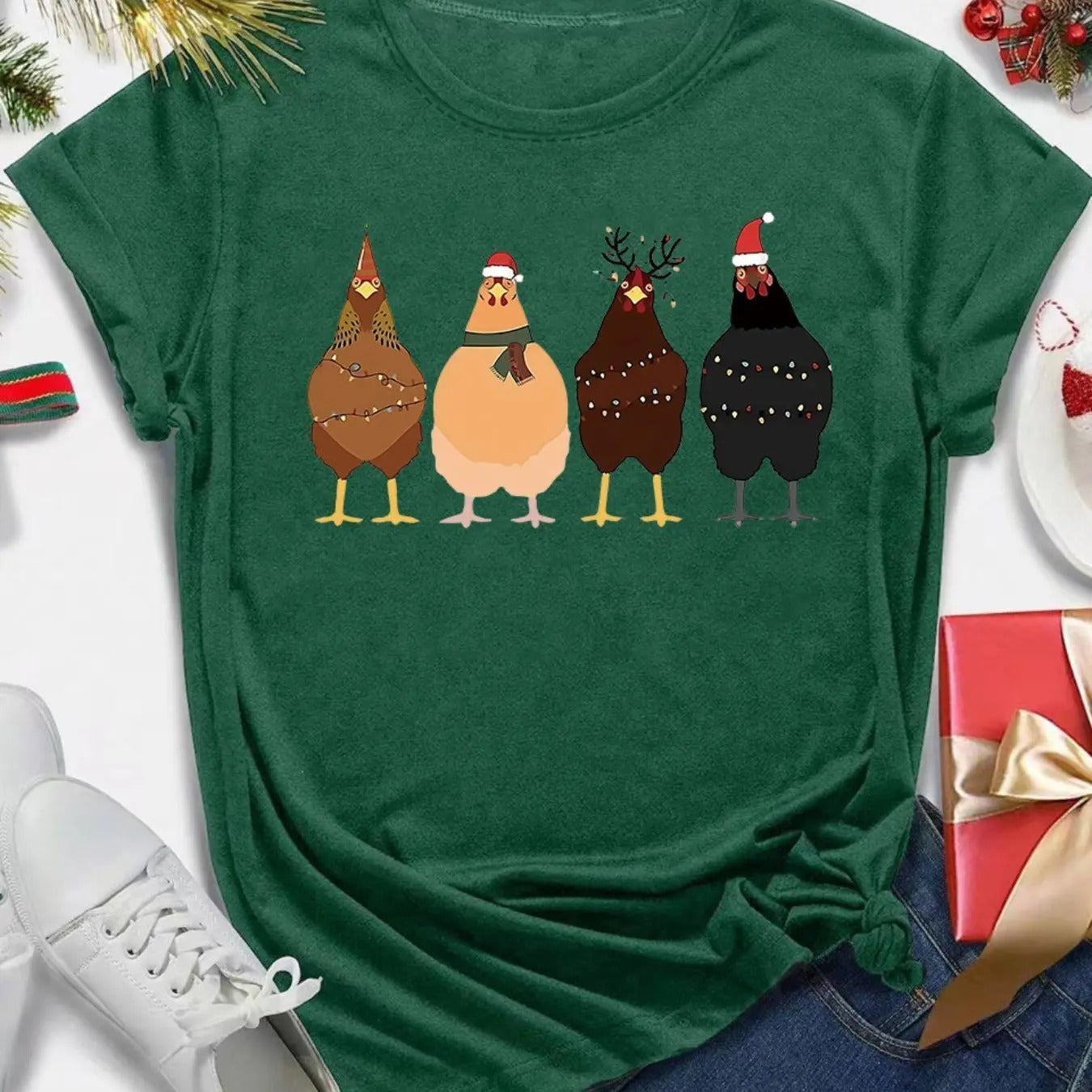 Women's Christmas Themed Chicken Print Round Neck Tee, Casual Short Sleeve Crew Neck T-shirt for All Seasons, Fashion...