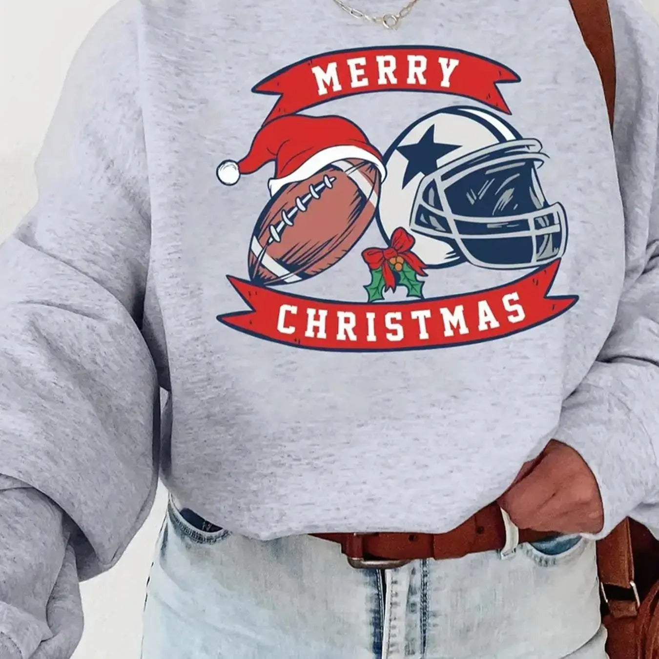 Women's Christmas Themed Drop Shoulder Sweatshirt, Casual Letter & Football Print Long Sleeve Round Neck Pullover for...