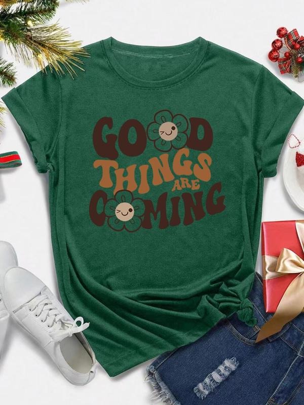 Women's Christmas Themed Floral & Letter Print Round Neck Tee, Casual Short Sleeve Crew Neck T-shirt for Daily Holiday...